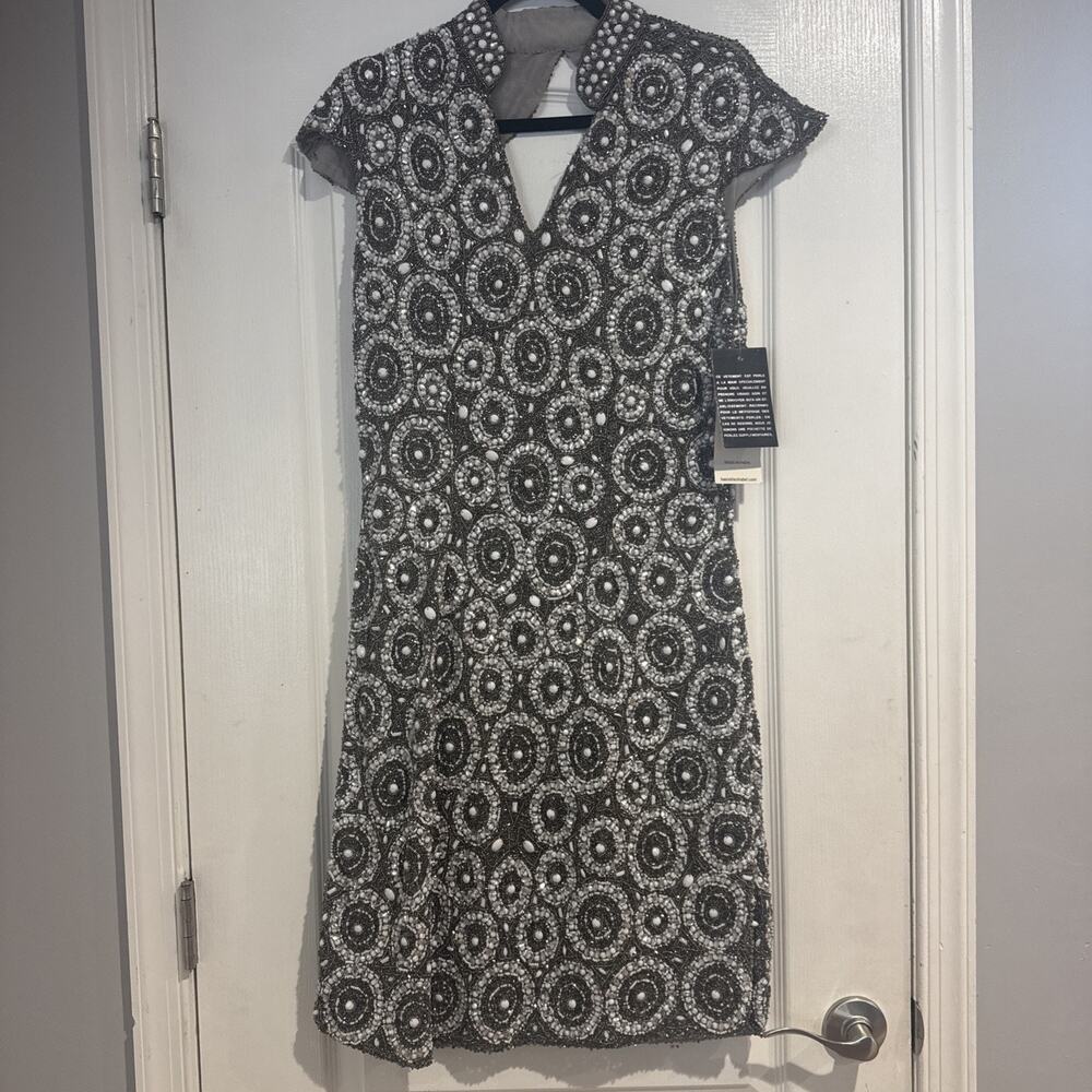 NWT Basix Black Label Fully Hand Beaded Sequin Dress Gown Gray White Size 14